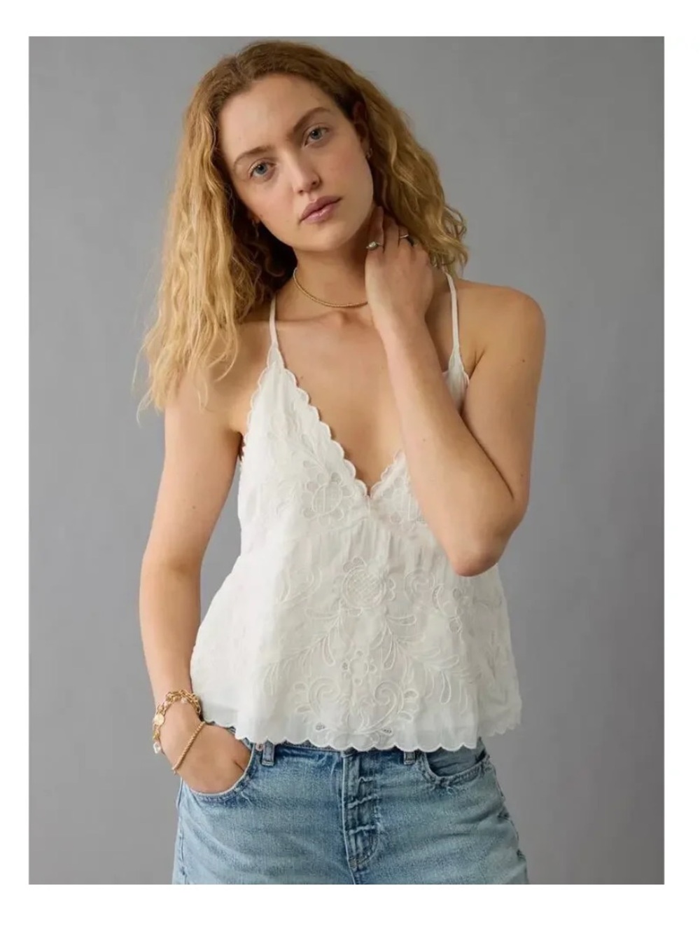 American Eagle Outfitters White Embroidered Scalloped V-Neck Halter/Tank Top SM